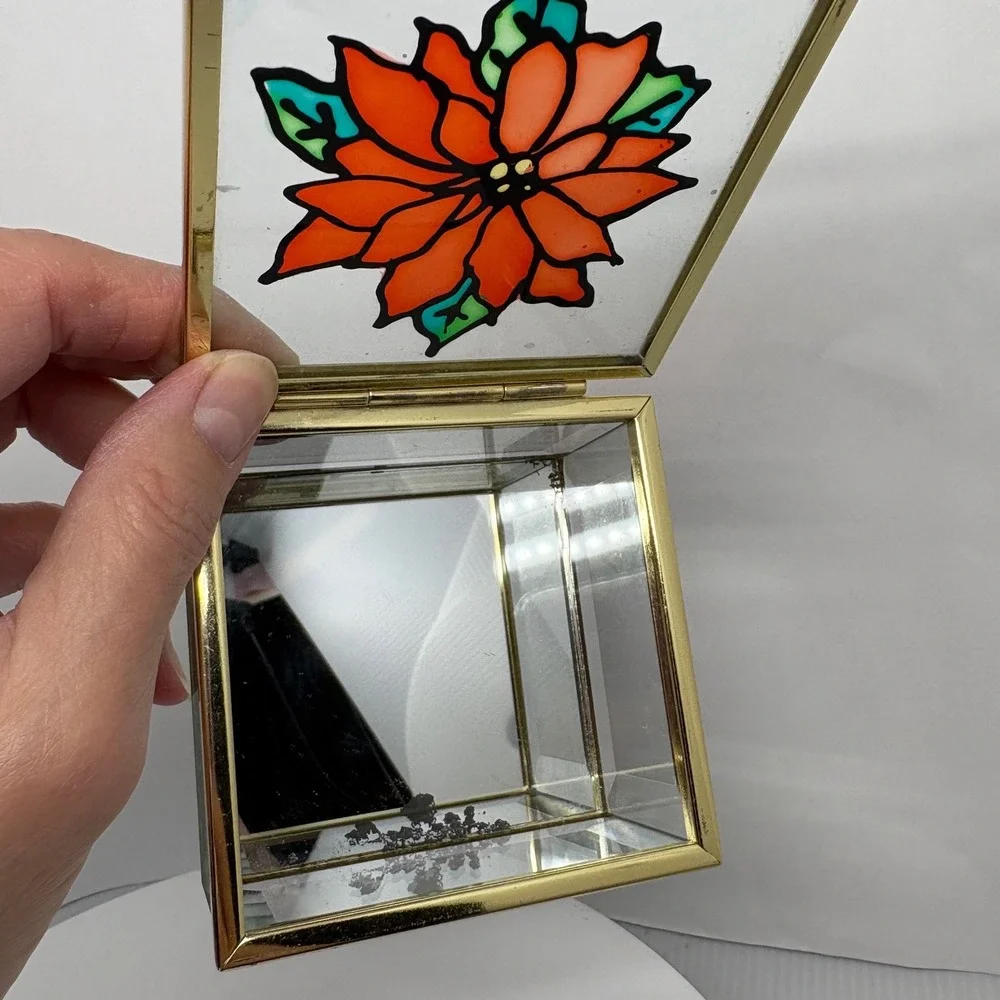 Vtg Glass Jewelry Box Poinsettia Stained Glass Hinged Keepsake Trinket Organizer